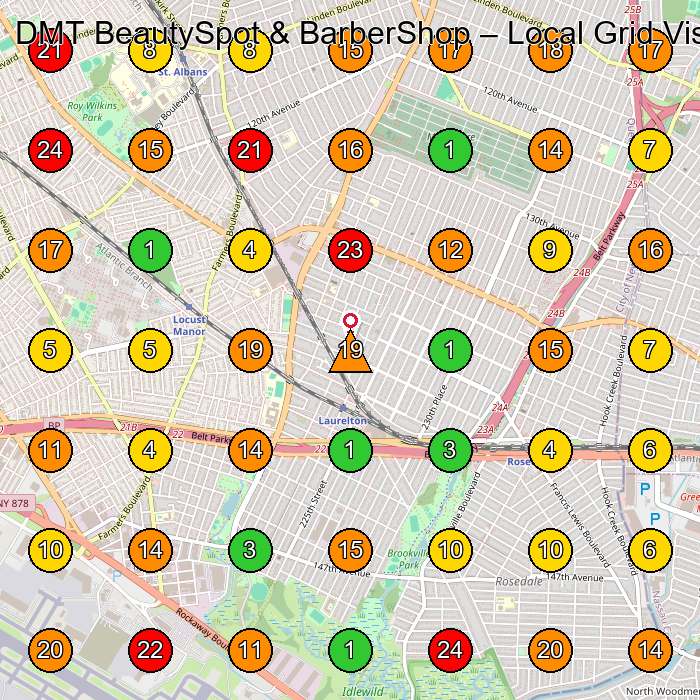 DMT BeautySpot & BarberShop Barber Shop GeoGrid ranking map for Jamaica NY